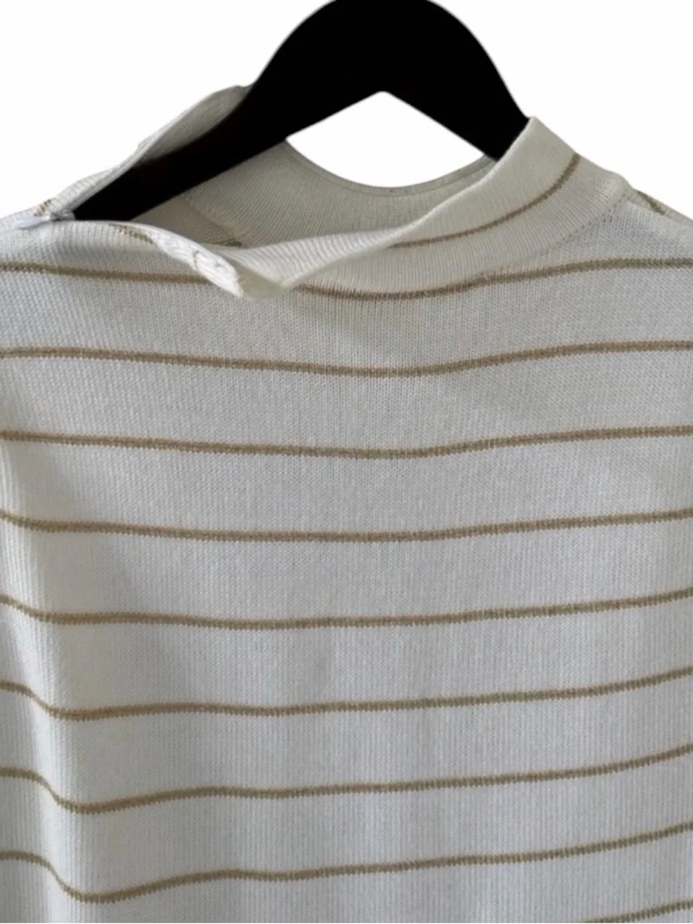 St. John Ivory with Gold Metallic Stripes Sleeveless Mock Neck Knit Sweater
